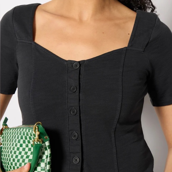 Nation LTD Marcella Button Front Sweetheart Neckline Short Sleeve Top in Black - Picture 6 of 13